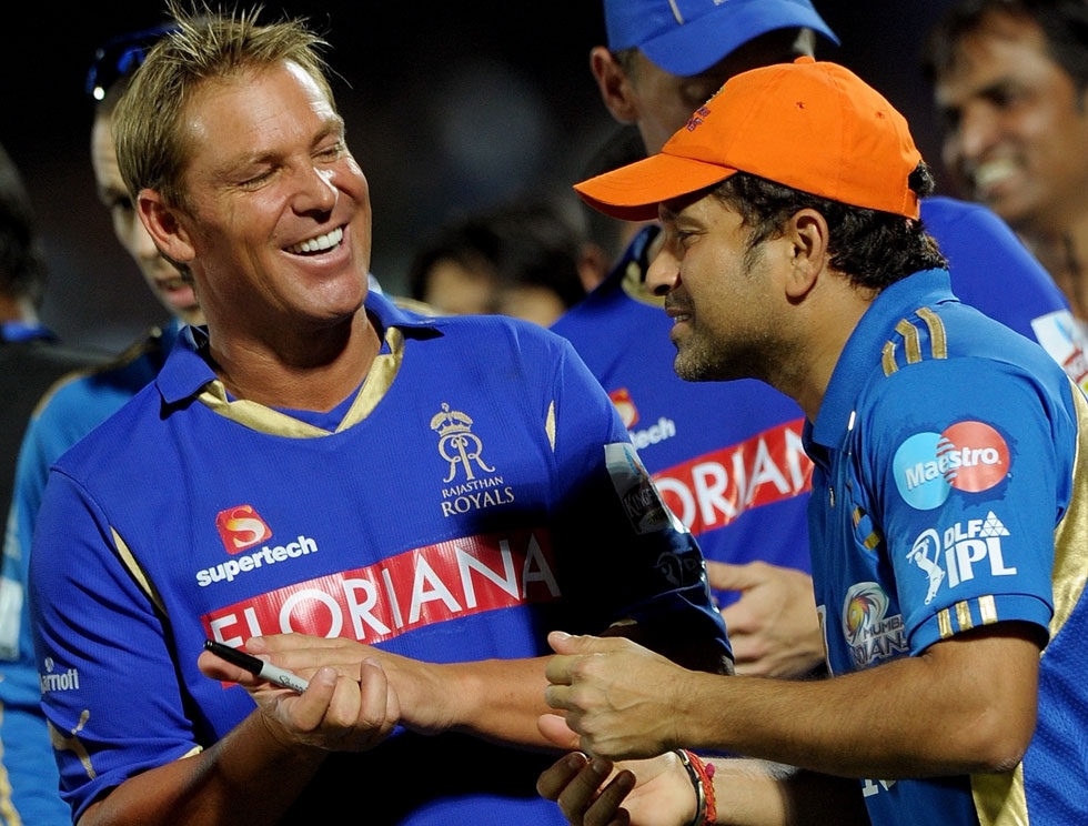 Rajasthan Royals captain Shane Warne (L) shares a moment with Mumbai Indians captain Tendulkar after Rajasthan's victory at the Swai Man Singh Stadium in Jaipur on April 29, 2011. (Manan Vatsyayana/AFP/Getty Images)