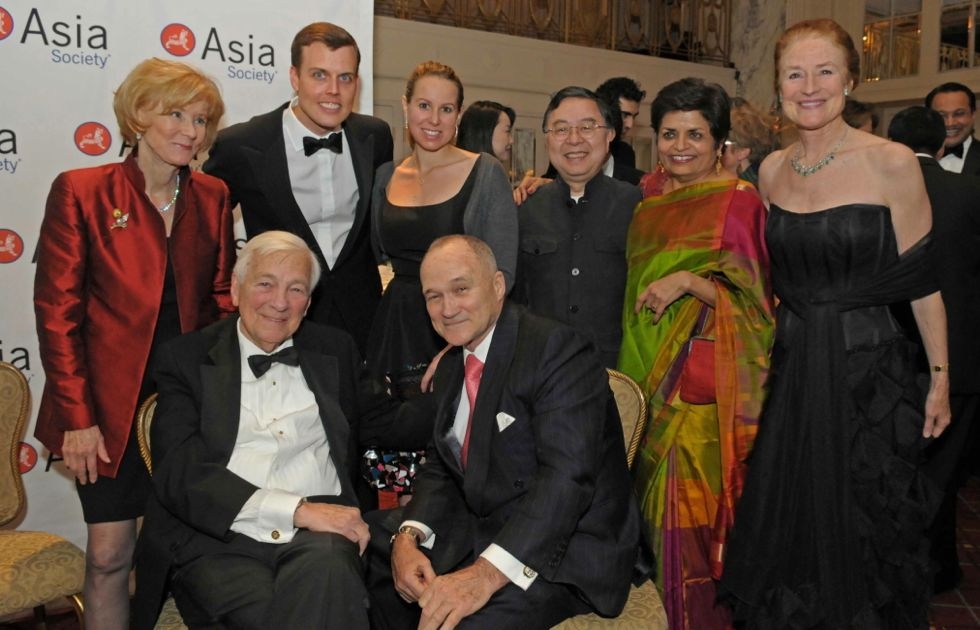 Seated, from left: Former U.S. Deputy Secretary of State John C. Whitehead and Ray Kelly, Commissioner of the New York City Police Department. Standing, from left: Cynthia Whitehead, David Earls, Samantha Earls, Asia Society Co-Chair Ronnie Chan, Asia Society President Vishakha Desai and Asia Society Co-Chair Henrietta Fore. (Elsa Ruiz)