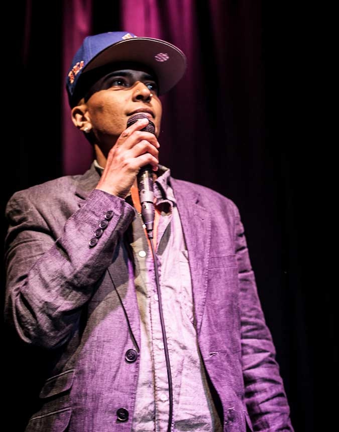 Master of ceremonies D'Lo at the Nuyorican Poets Cafe on August 12, 2012. (Neha Gautam Photography)