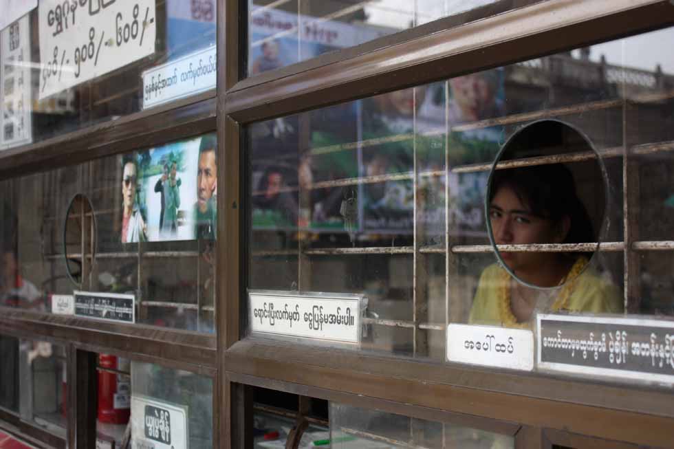 The ticket window of the Myoma Cinema in Yangon, Burma. (Philip Jablon)
