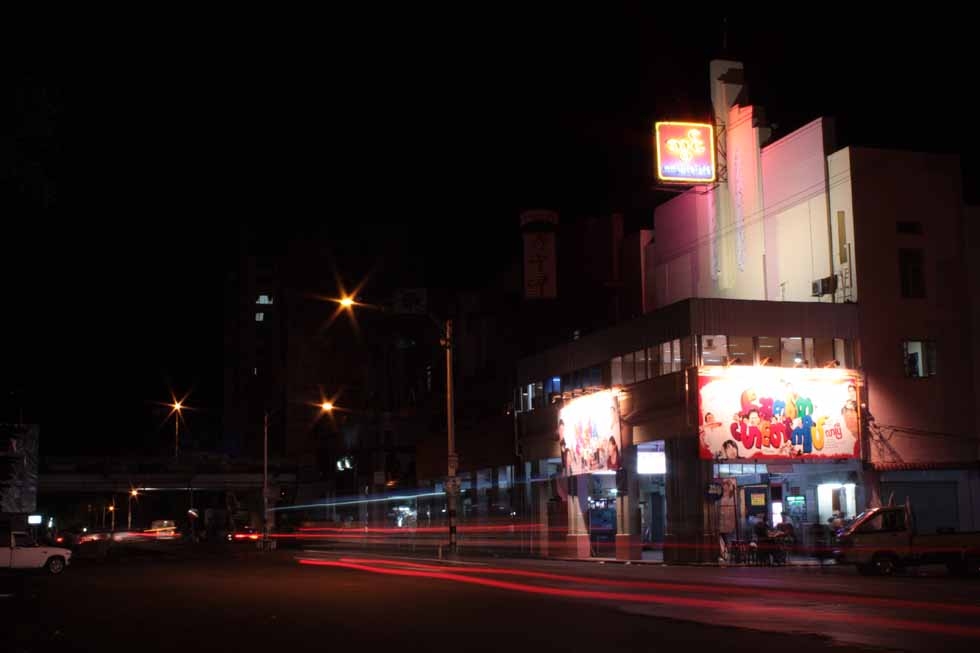 The Thwin Cinema at night in Yangon, Burma. (Philip Jablon)