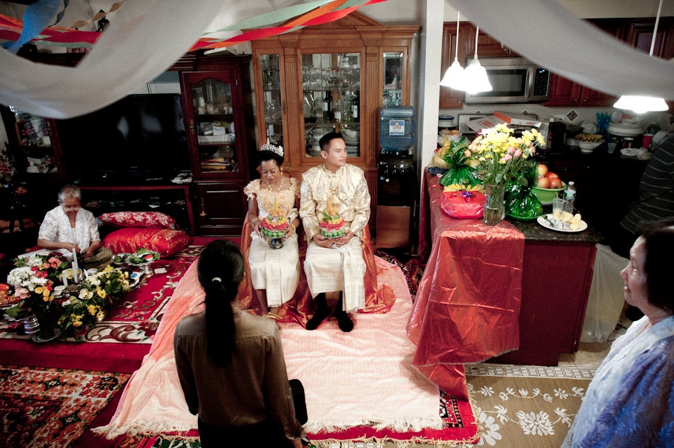 Wedding of Molly Sopuok, 38, and Todd Prom, 38, in a Cambodian home, The Bronx, N.Y. (Pete Pin)