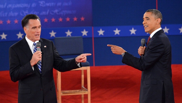 U.S. President Barack Obama and Republican Presidential nominee Mitt Romney debate on October 16, 2012 at Hofstra University in Hempstead, New York. (Stan Honda/AFP/Getty Images)