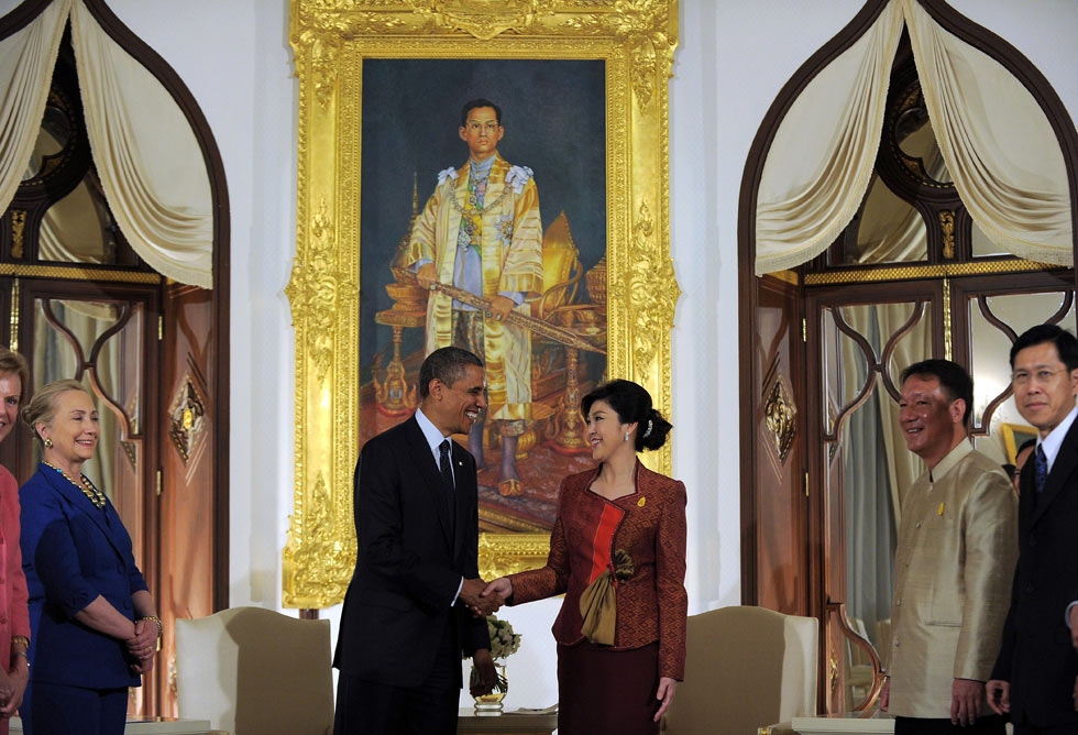 U.S. President Barack Obama shakes hands with Thai Prime Minister Yingluck Shinawatra before a bilateral meeting at the Thai Government House in Bangkok on Nov. 18, 2012. (Jewel Samad/AFP/Getty Images)