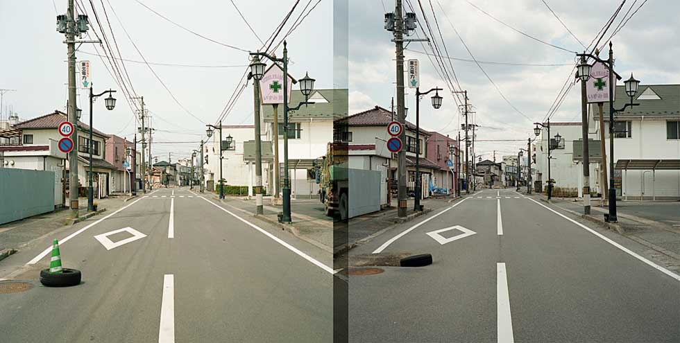 In each of the above slides, an image from Watanabe's first visit in June 2011 appears on the left, next to a photo of the same location in 2012. (Toshiya Watanabe)