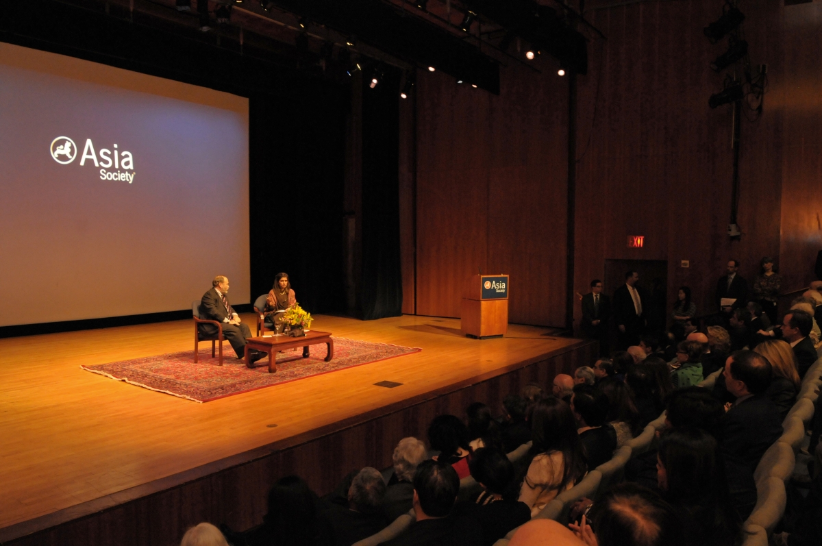 Khar and Klein address a full house at Asia Society New York. (Elsa Ruiz)