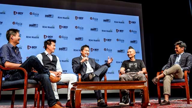 L to R: "Linsanity" producers Allen Lu, Brian Yang, Christoper Chen, director Evan Jackson Leong, and ESPN journalist Pablo Torre at Asia Society New York on July 24, 2013. (C. Bay Milin) 