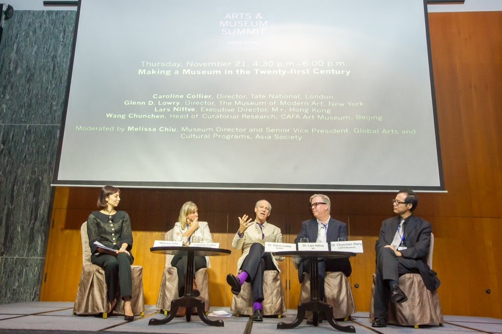 L to R: Melissa Chiu, Caroline Collier, Glenn D. Lowry, Lars Nittve, and Wang Chunchen discuss "Making a Museum in the 21st Century" during the Arts & Museum Summit at Asia Society in Hong Kong on November 21, 2013. (Nick Mak/Asia Society)