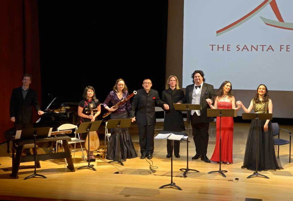 Three instrumentalists and four singers, shown here with Huang Ruo (C), presented musical excerpts from the work following the discussion. (Elsa Ruiz/Asia Society)