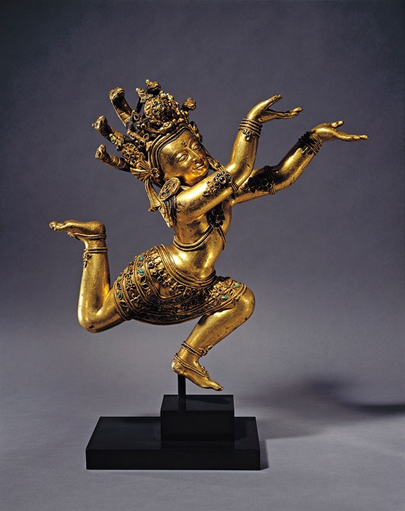 Nagaraja. Central Tibet. 15th century. Gilt copper alloy with inlays of semiprecious stones. H. 15½ in. (39.4 cm). The Kronos Collections. (Richard Goodbody)