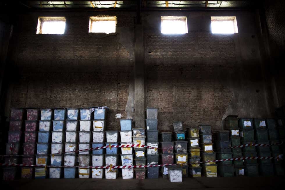 Afghan presidential election ballot boxes are stacked in rows at a warehouse in Herat on April 3, 2014. (Behrouz Mehri/AFP/Getty Images)