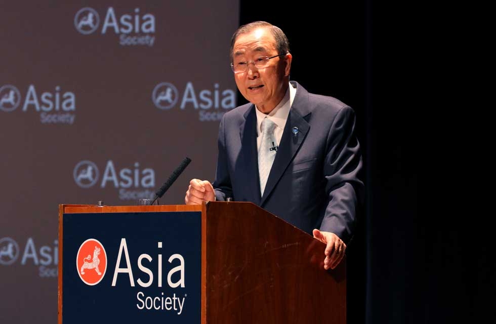 "All the values for which we stand, and all the reasons for which the United Nations exists, are at stake, here and now, across the devastated landscape that is Syria today," Secretary-General Ban told the audience at Asia Society New York. (Ellen Wallop/Asia Society)