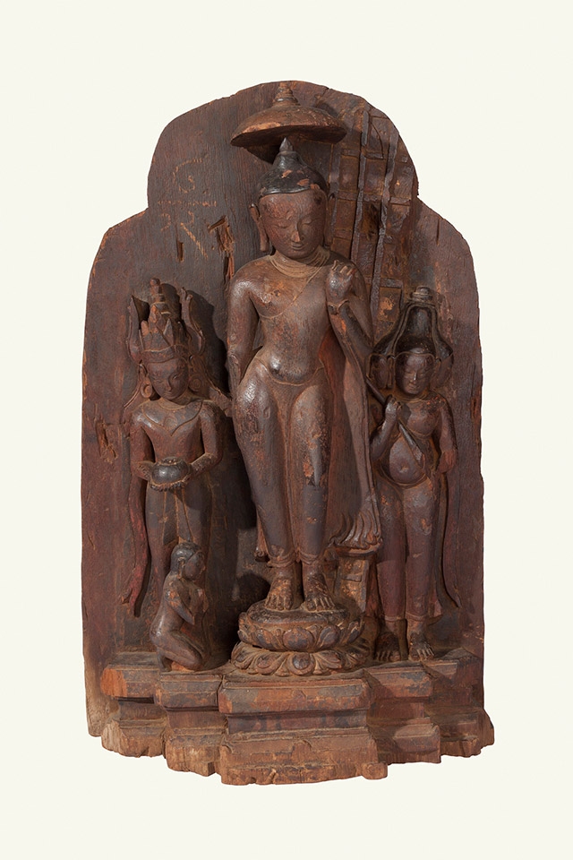 Buddha Descending from Tavatimsa; Pagan period, 12th century; Wood; H. 273/4 x W. 171/2 x D. 9 in. (70.5 x 44.5 x 22.9 cm). Bagan Archaeological Museum. (Sean Dungan)