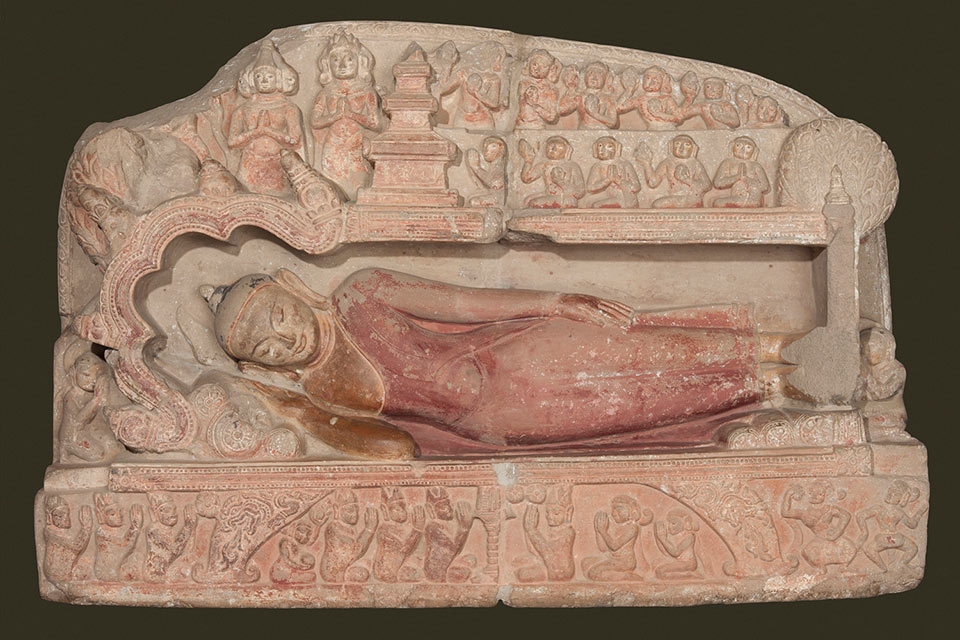 Parinibbana; Kubyauknge Temple, Myinkaba village; Pagan period, Ca. 1198; Sandstone with pigment; H. 351/2 x W. 51 x D. 13 in. (90.2 x 129.5 x 33 cm). Bagan Archaeological Museum. (Sean Dungan)