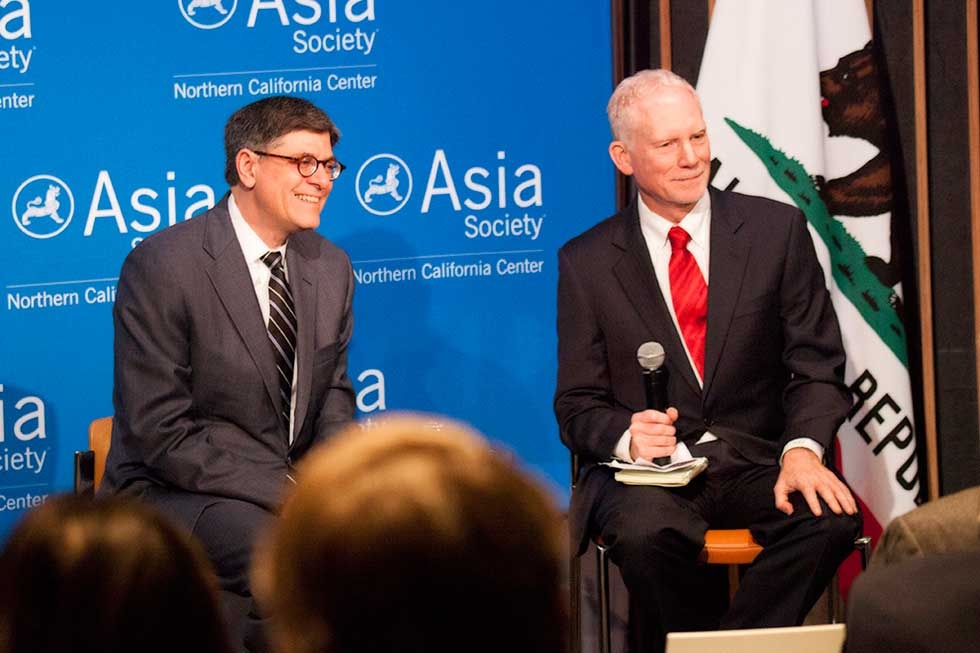 After the speech, Lew participated in an audience Q&A session moderated by Asia Society's N. Bruce Pickering. (Lisa Sze/Asia Society)