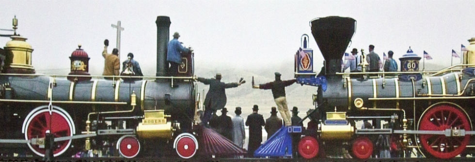 Zhi Lin, “Chinaman’s Chance” on Promontory Summit: Golden Spike Celebration, 12:30 PM, 10th May 1869, 2015, HD video projection on painting (charcoal/oil on canvas), Courtesy of the artist and Koplin Del Rio Gallery, Culver City, CA
