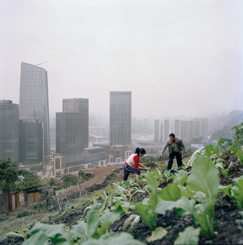 Huang Chunying and her husband work barefoot on a garden above the new business developments in the Tiandi district.  (Tim Franco)