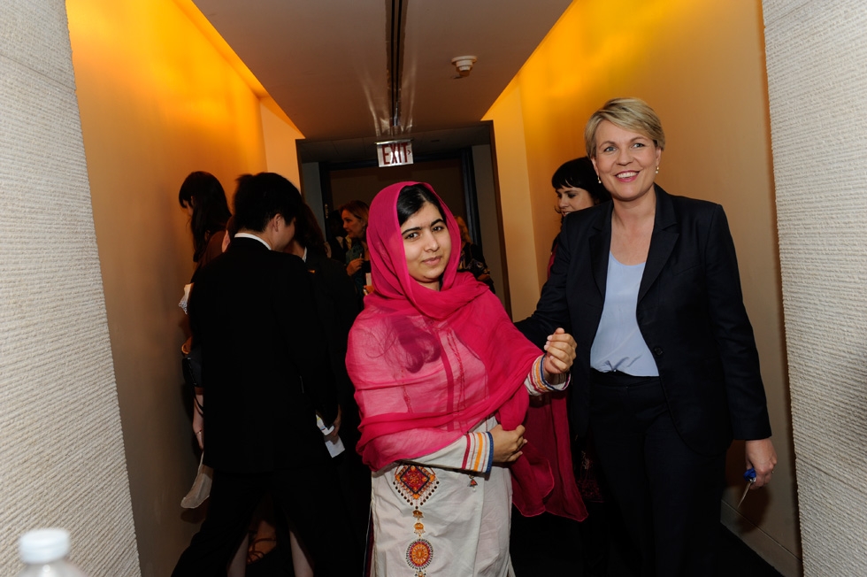 Malala Yousafzai with Tanya Pilbersek, Shadow Minister for Foreign Affairs and International Development of Australia. (Elena Olivo/Asia Society)