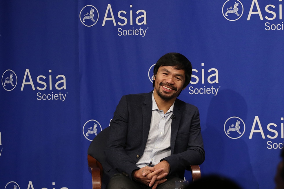 Manny Pacquiao talks to the press at Asia Society in New York on the eve of accepting Asia Society's Asia Game Changer of the Year award on Monday, October 12, 2015. (Ellen Wallop/Asia Society)