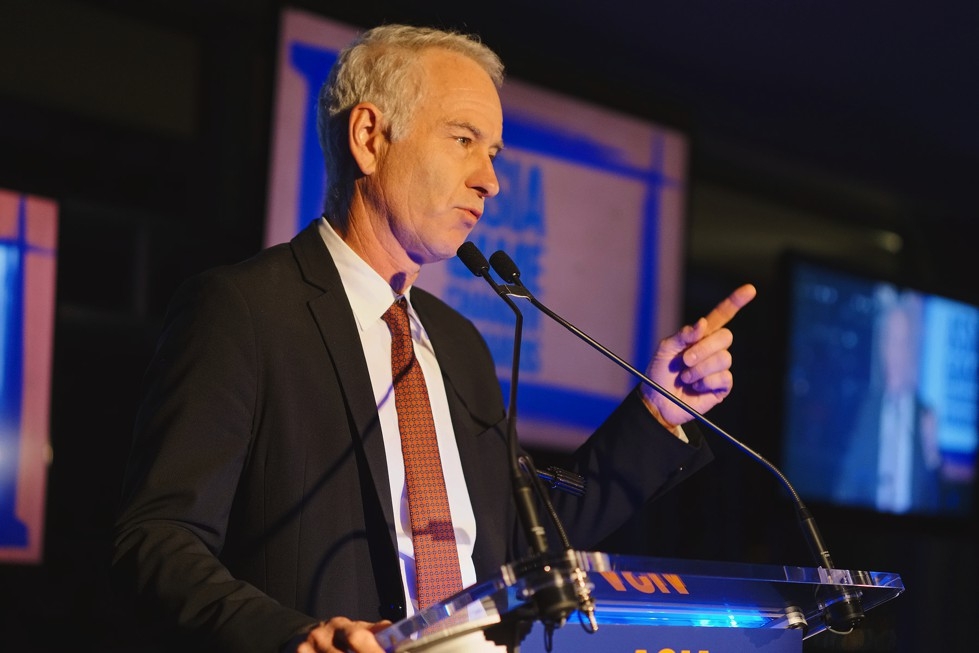 Tennis star John McEnroe introduces the Asia Game Changer of the Year awardee Manny Pacquiao on October 13, 2015. (Jamie Watts/Asia Society)