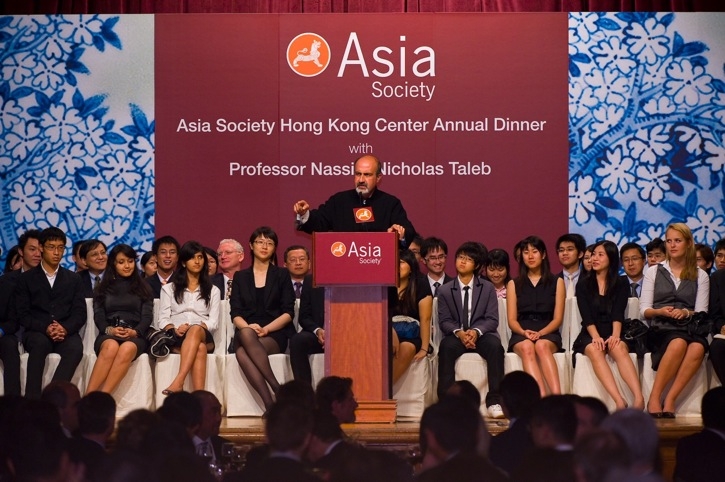 In keeping with Hong Kong Annual Dinner tradition, local students, seated onstage with Nassim Nicholas Taleb, attended as guests. (Asia Society Hong Kong Center)