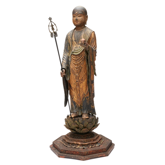 Zen’en (1197–1258). Jizō Bosatsu. Kamakura period, ca. 1225–26. Japanese cypress (hinoki) with cut gold leaf and traces of pigment, inlaid crystal eyes, and bronze staff with attachments. H. 22¾ x W. 9½ x D. 9½ in. (57.8 x 24.1 x 24.1 cm). Asia Society, New York: Mr. and Mrs. John D. Rockefeller 3rd Collection, 1979.202a-e. Photography by Synthescape