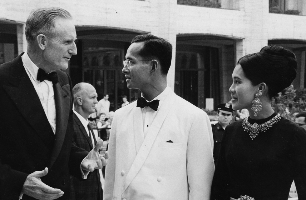 John D. Rockefeller 3rd talks with King Bhumibol Adulyadej and Queen Sirikit on the steps of the Metropolitan Opera House at Lincoln Center on June 13, 1967. (Rockefeller Archives)