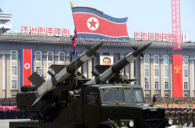 Missiles are displayed during a military parade to mark 100 years since the birth of the country's founder Kim Il-Sung in Pyongyang on April 15, 2012. (Pedro Ugarte/AFP/Getty Images)