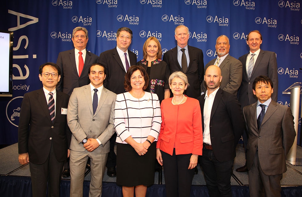 Asia Society launches the Center for Global Education at Asia Society New York on September 22, 2016 with a who's who in the education field. Top row (L-R) : CEO of The New York Academy of Sciences and Center for Global Education (CGE) Advisor Ellis Rubinstein, Chancellor of NYU Shanghai and CGE Co-Chair Yu Lizhong, Asia Society President and CEO Josette Sheeran, Asia Society Trustee and CGE Advisor J. Frank Brown, Vice President of Education at Asia Society Tony Jackson, Dean of Educational Initiatives at 