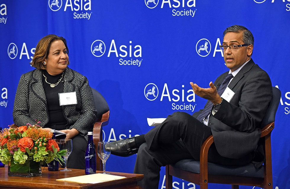 Mini Roy, managing director of emerging markets at Standard Chartered Bank, in discussion with Rishi Chugh during a special conversation on the outlook of India as an investment destination on February 7, 2016 at Asia Society New York. (Elsa Ruiz/Asia Society)