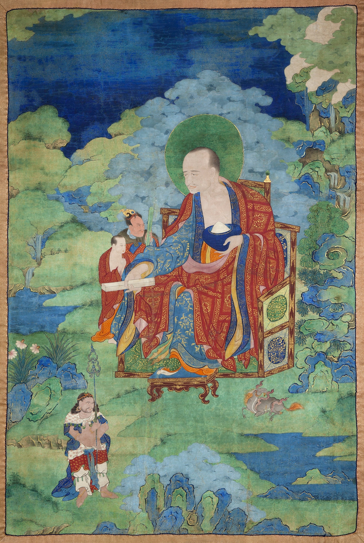 Pindola Bharadvaja Arhat. 17th century. Possibly Kham (East Tibet). Tradition: Gelug. Pigments on cloth. MU-CIV/MAO "Giuseppe Tucci," inv. 931/764. Placement as indicated on verso: 4th from left. Image courtesy of the Museum of Civilisation/Museum of Oriental Art "Giuseppe Tucci," Rome.