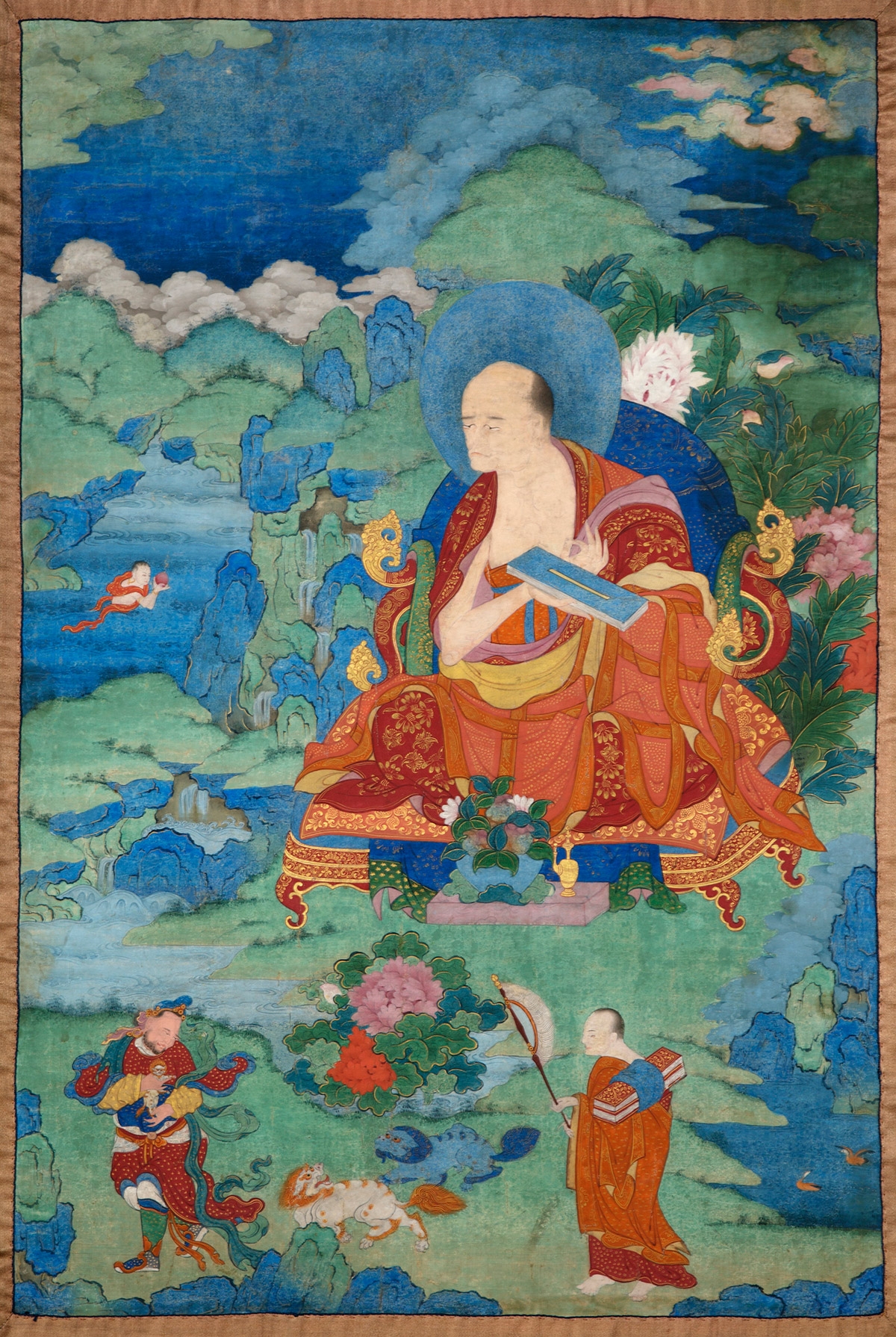 Gopaka Arhat. 17th century. Possibly Kham (East Tibet). Tradition: Gelug. Pigments on cloth. MU-CIV/MAO "Giuseppe Tucci," inv. 934/767. Placement as indicated on verso: 5th from left. Image courtesy of the Museum of Civilisation/Museum of Oriental Art "Giuseppe Tucci," Rome.