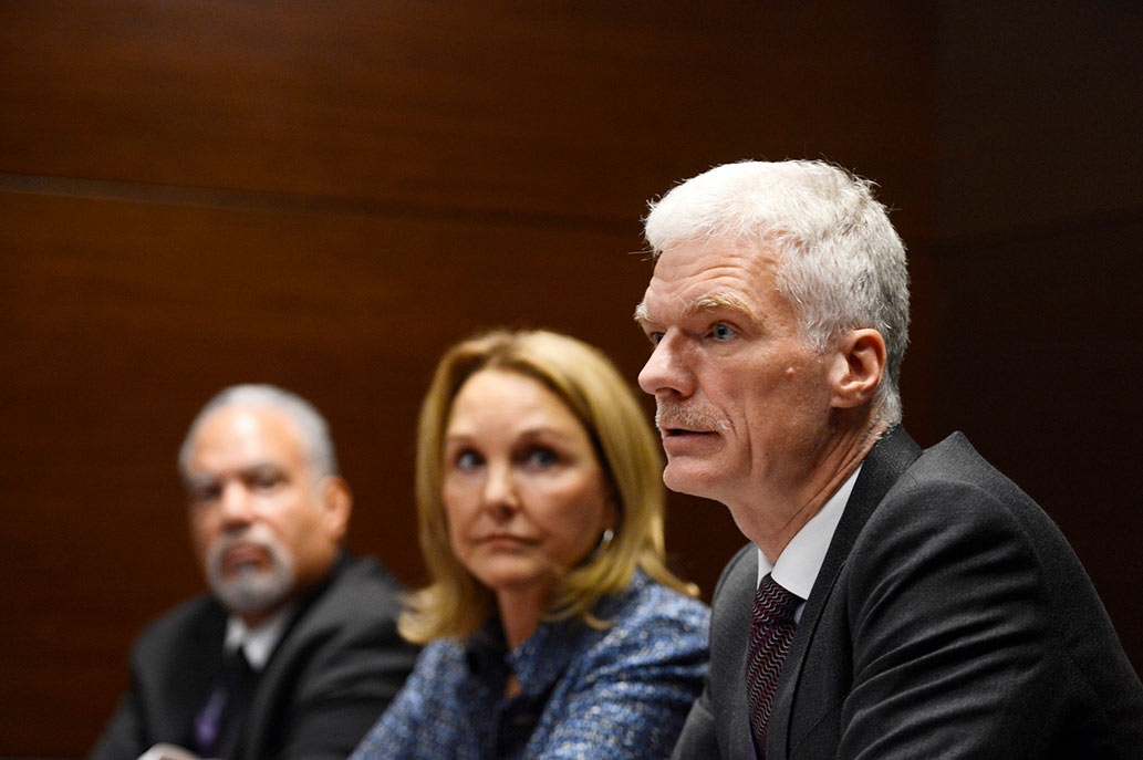 OECD Director for Education and Skills, and Special Advisor on Education Policy to the Secretary-General, Andreas Schleicher speaks during the press launch for the publication, Teaching for Global Competence in a Rapidly Changing World. From the left are Asia Society Vice President of Education Tony Jackson and Asia Society President and CEO Josette Sheeran.