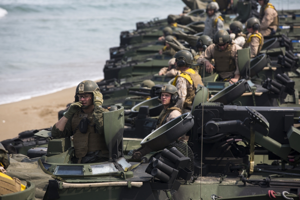 U.S. Marines line up in assault amphibious vehicles at Dogu Beach in Pohang, South Korea