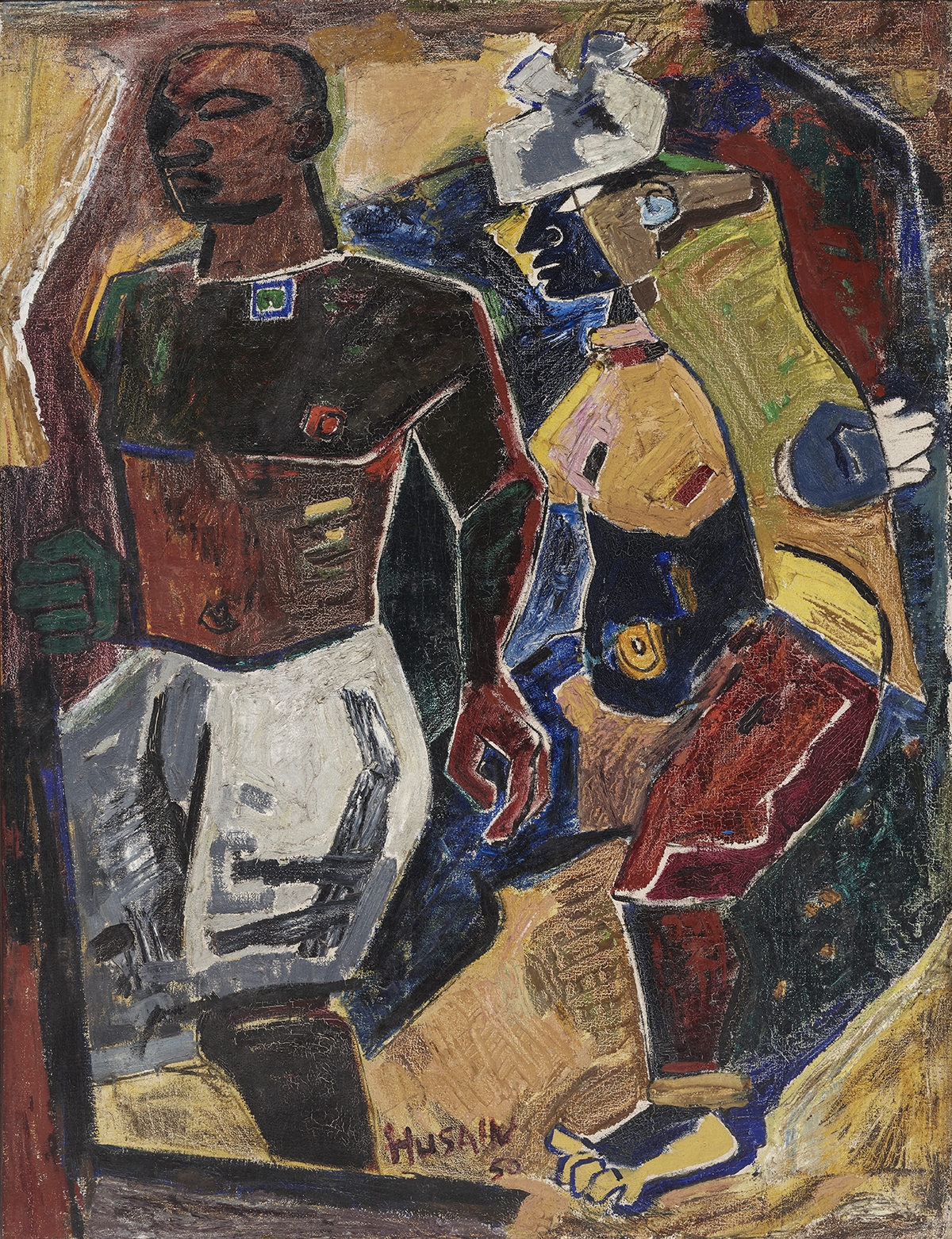 M. F. Husain. Peasant Couple, 1950. Oil on canvas. H. 47 1/2 x W. 36 1/2 in. (120.7 x 92.7 cm). Peabody Essex Museum, Gift of the Chester and Davida Herwitz Collection, 2003 E301169. Courtesy of Peabody Essex Museum, Salem, MA. Photography by Walter Silver