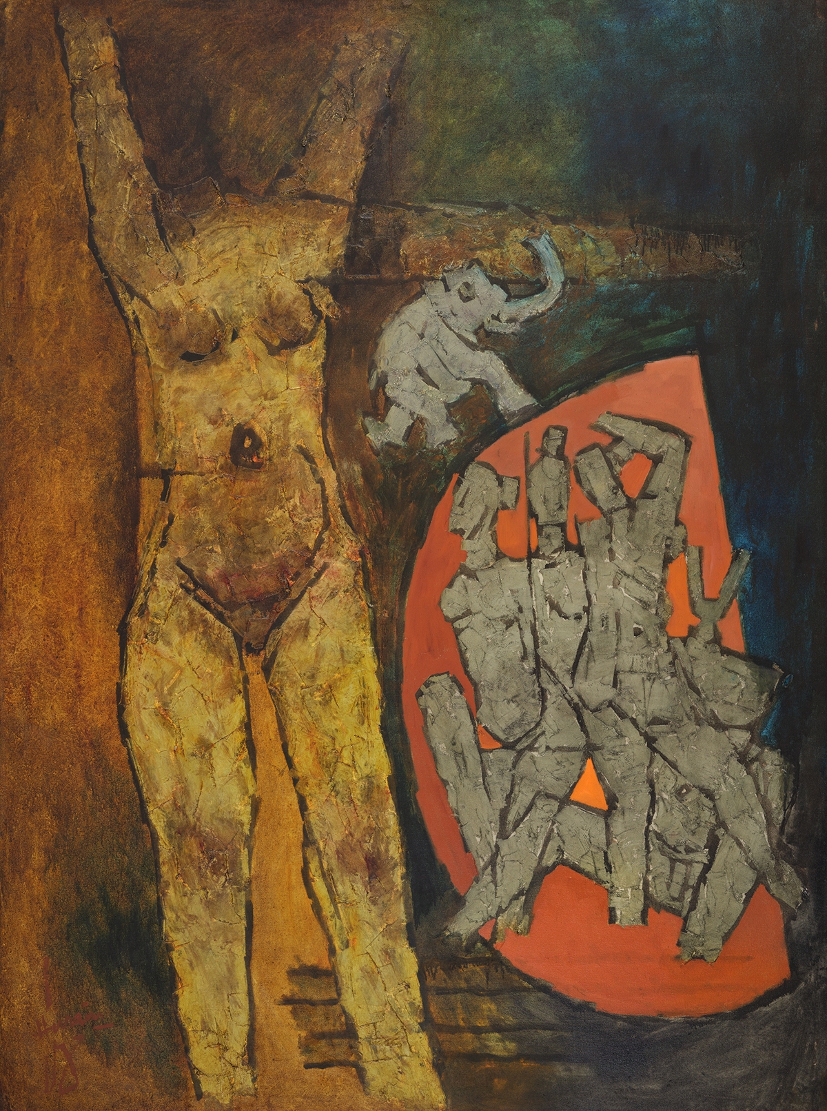 M. F. Husain 'Mahabali', 1972. Oil on canvas. H. 93 3/4 x W. 69 1/2 in. (238.1 x 176.5 cm). Peabody Essex Museum, Gift of the Chester and Davida Herwitz Collection, 2001 E301101. Courtesy of Peabody Essex Museum, Salem, MA. Photography by Walter Silver