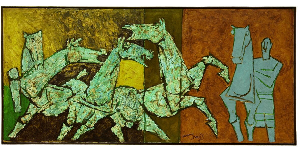 M. F. Husain. Sprinkling Horses, ca. 1975. Oil on canvas. H. 43 1/4 x W. 92 1/2 in. (109.9 x 235 cm). Anonymous. ©2011 Christie's Images Limited