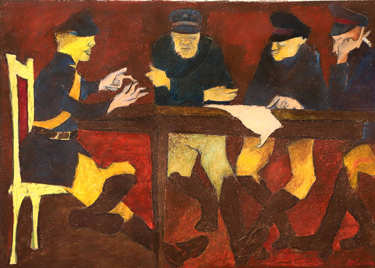 Krishen Khanna. 'The Game 1', early 1980s. Oil pastel on paper. H. 17 x W. 24 in. (43.2 x 61 cm). Dhoomimal Gallery. Image courtesy of Grosvenor Gallery