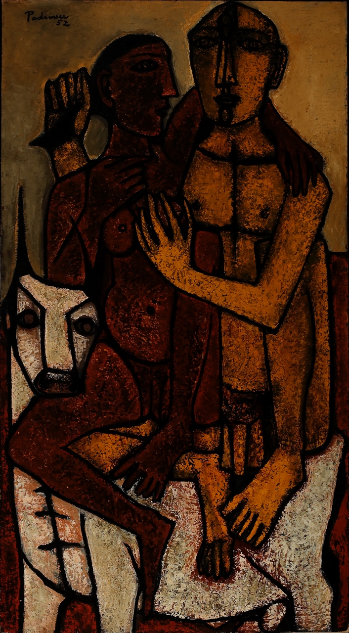 Akbar Padamsee. Lovers, 1952. Oil on board. H. 62 x W. 32 in. (157.5 x 81.3 cm). Collection Amrita Jhaveri. Courtesy of the lender 