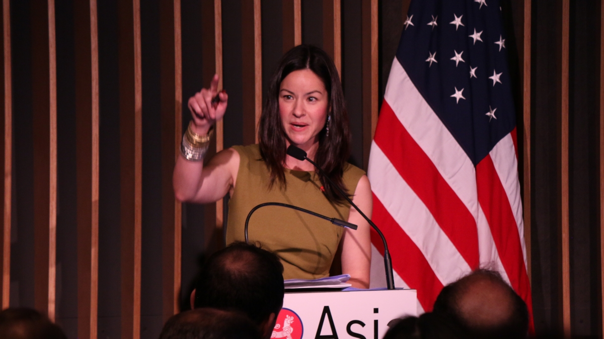 Margaret Conley welcoming everyone to the program. (Kevin Kunze/Asia Society)