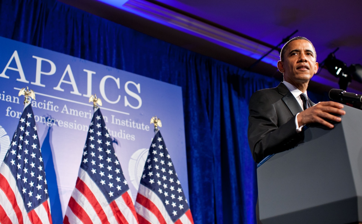 Former US President Barack Obama delivers the keynote address at the Asian Pacific American Institute for Congressional Studies (APAICS) 18th Annual Gala Dinner at the Ritz-Carlton in Washington, D.C., May 8, 2012.