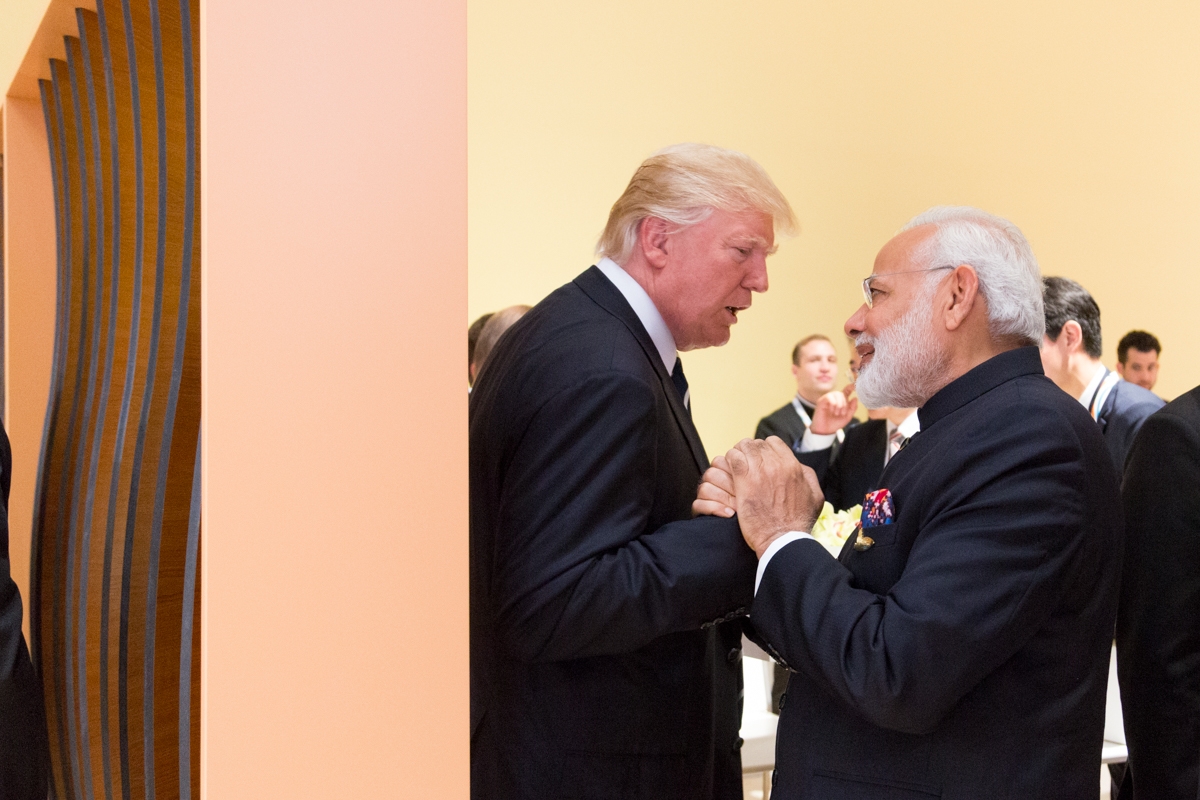 President Donald Trump and Prime Minister Narendra Modi greet each other at the G-20 summit in Hamburg, Germany, on July 7, 2017.