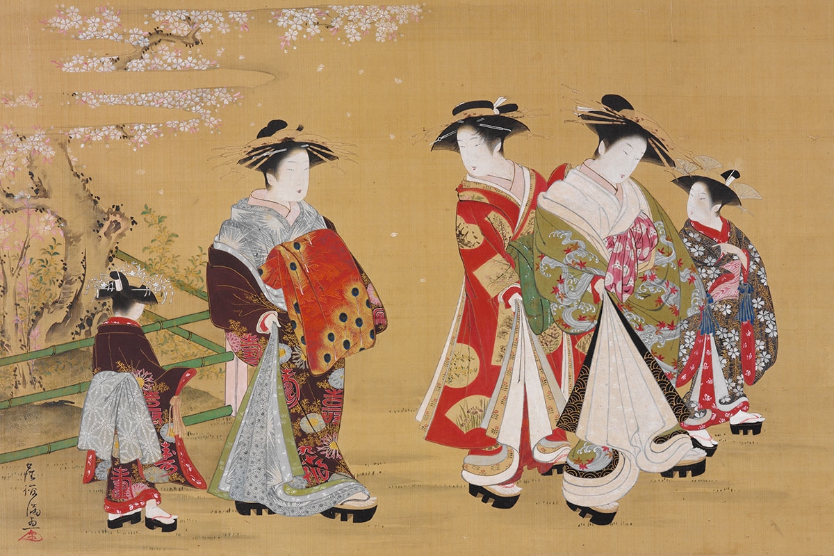 Kubo Shunman (1757–1820)  Courtesans Promenading under Blossoming Cherry  Japan  Edo period, 1781–89  Hanging scroll; ink and color on silk  H. 16⅝ x W. 24¾ in. (42.2 x 63 cm)  John C. Weber Collection Photography by John Bigelow Taylor, courtesy of John C. Weber Collection