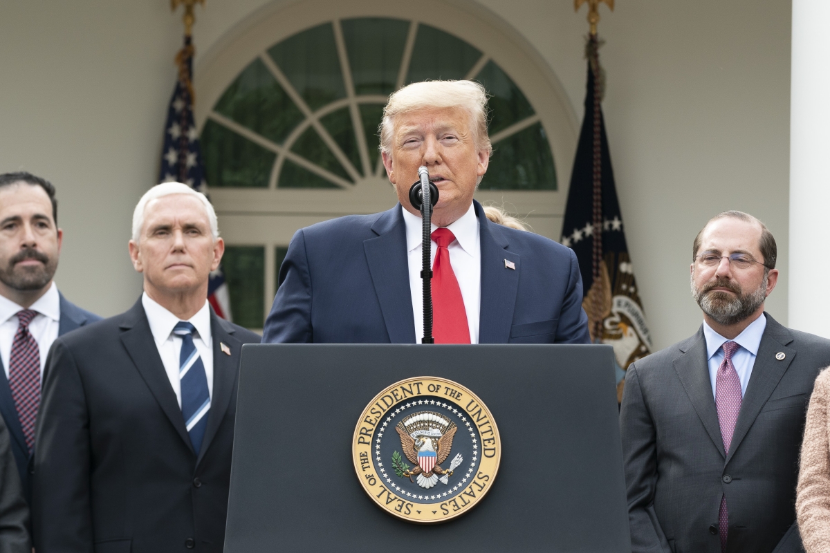 U.S. President Donald Trump and the coronavirus task force at a news conference on Friday, March 13, 2020, in the Rose Garden of the White House. 