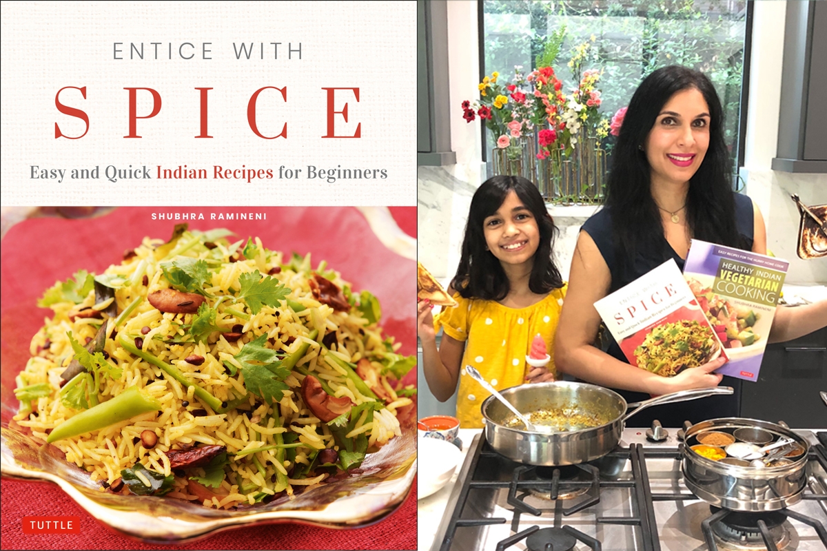 Shubhra Ramineni and Jaya with Entice With Spice Cookbook