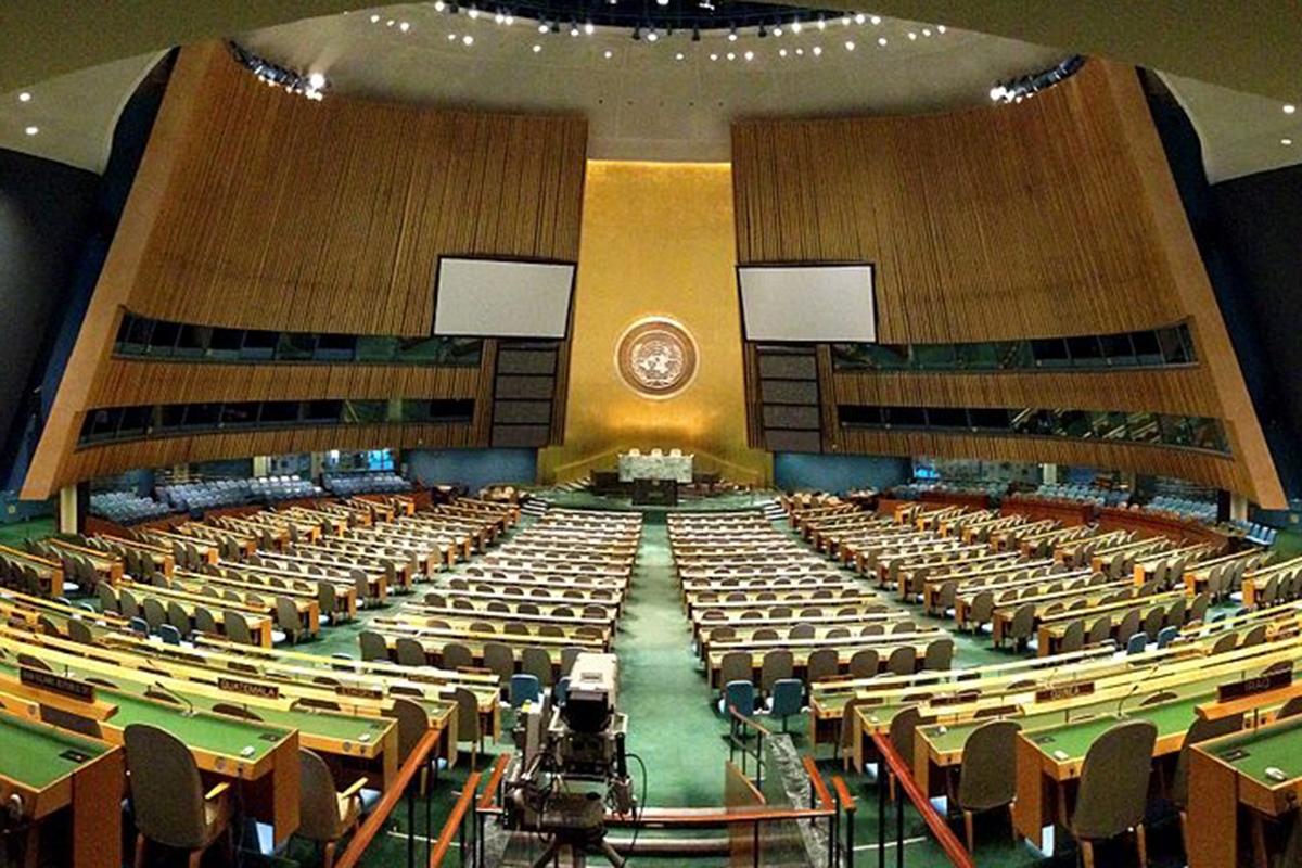 A panorama of the United Nations General Assembly taken in October 2012. The two murals are by Fernand Léger.