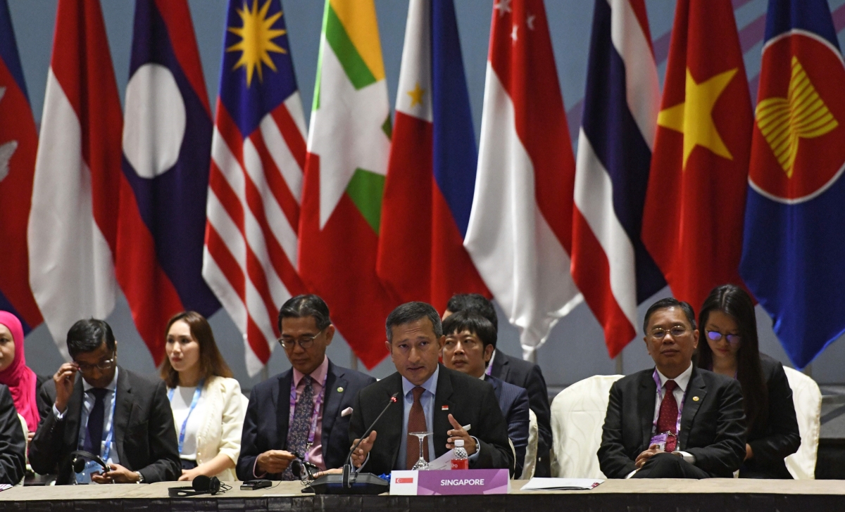Singapore's Foreign Minister Vivian Balakrishnan delivers remarks during an Association of Southeast Asian Nations (ASEAN) ministerial meeting 
