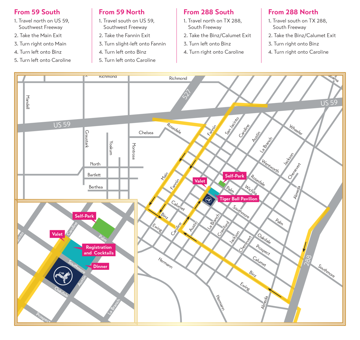 Tiger Ball 2022 valet and self-park map