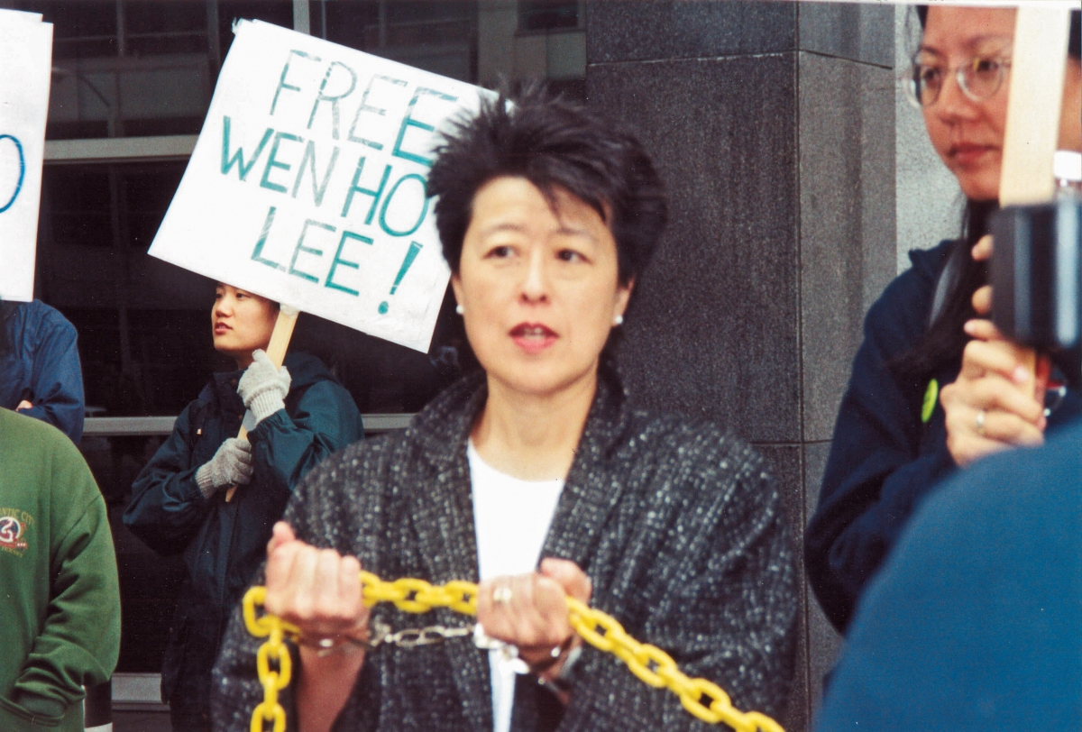 Helen Zia leads a demonstration calling for the release of imprisoned scientist Wen Ho Lee outside the Federal Building in San Francisco in 2000.