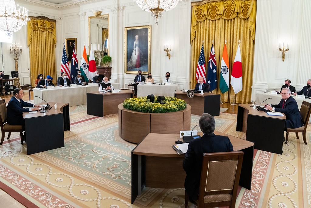 President Joe Biden participates in the Quad Leaders’ Summit with India Prime Minister Narendra Modi, Australian Prime Minister Scott Morrison and Japanese Prime Minister Yoshihide Suga, Friday, September 24, 2021, in the East Room of the White House.